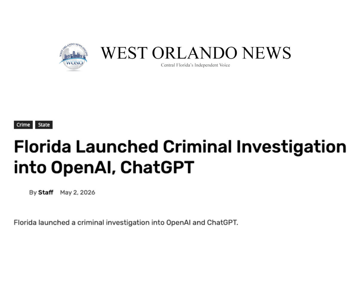 West Orlando News: Florida Launched Criminal Investigation into OpenAI, ChatGPT